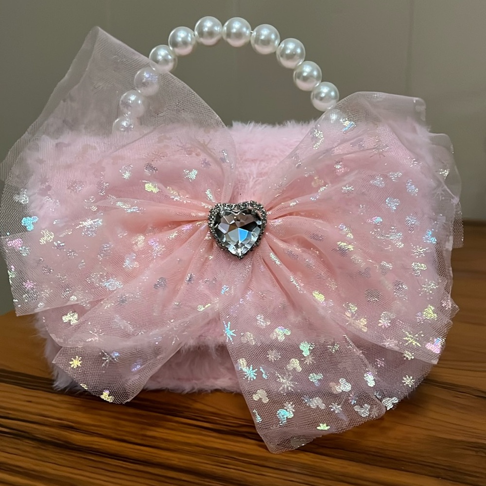 Willow & Ruby Pink Glitter Tulle Fuzzy Exterior Purse & Faux Pearl Handle NWT